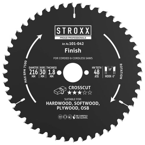 STROXX Kreissägeblatt NEG Holz Ø 216 mm, 48 Zähne, WZ, negativer Spannwinkel für feine Holzschnitte