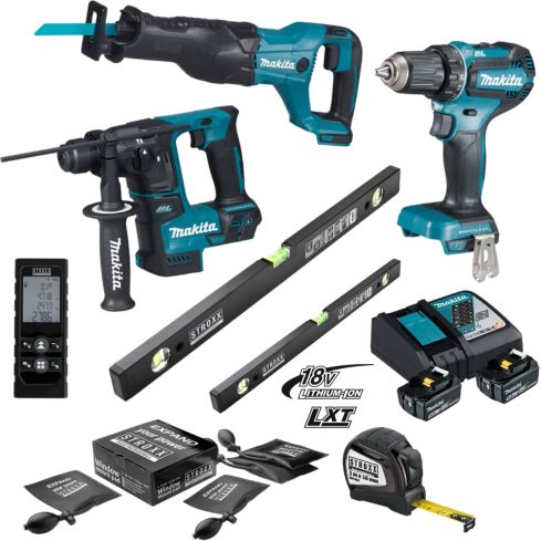 Makita Akku-Montage-Set 18V – Bohrschrauber, Bohrhammer, Reciprosäge + STROXX Zubehör